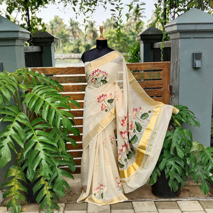 Graceful Tissue Kasavu Saree [Handloom] Adorned With Hand-Painted Motifs