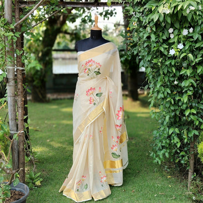 Graceful Tissue Kasavu Saree [Handloom] Adorned With Hand-Painted Motifs