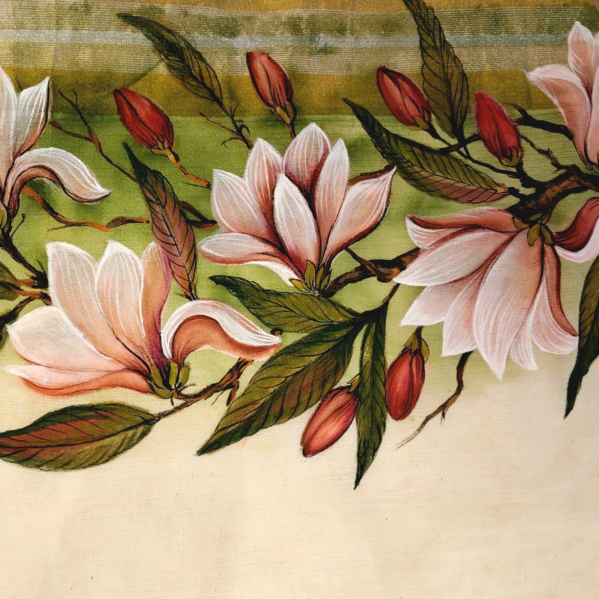 Magnolia Blooms On Kerala Kasavu Saree