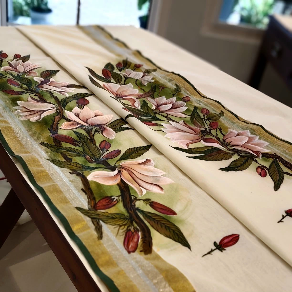 Magnolia Blooms On Kerala Kasavu Saree
