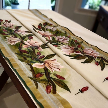 Magnolia Blooms On Kerala Kasavu Saree