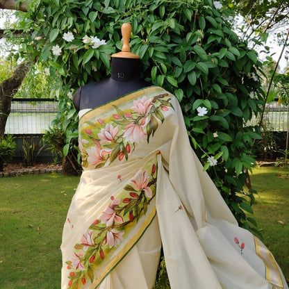 Magnolia Blooms On Kerala Kasavu Saree