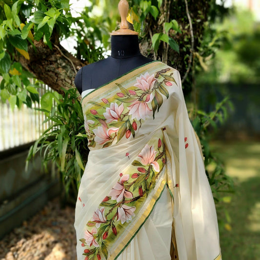 Magnolia Blooms On Kerala Kasavu Saree