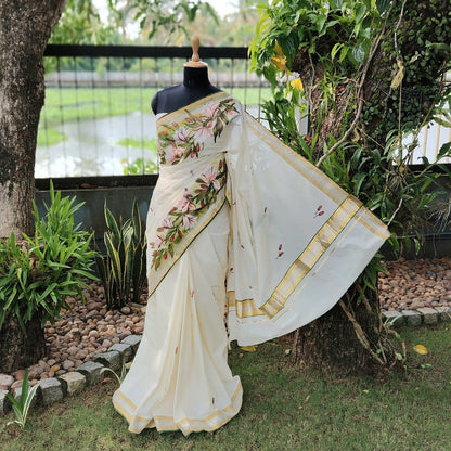 Magnolia Blooms On Kerala Kasavu Saree