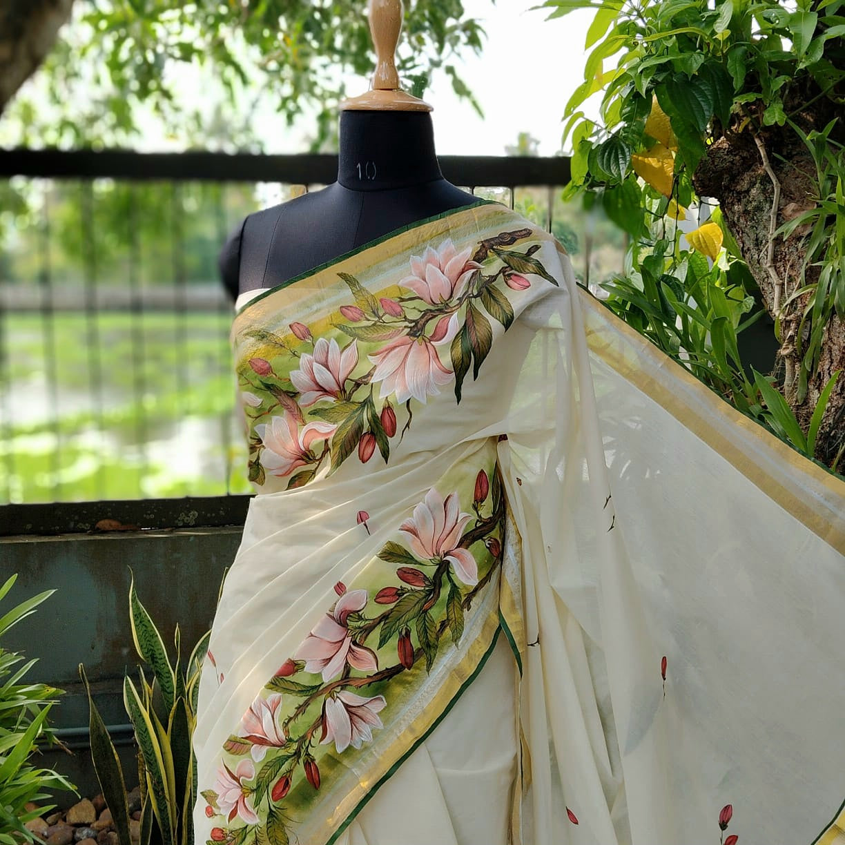 Magnolia Blooms On Kerala Kasavu Saree