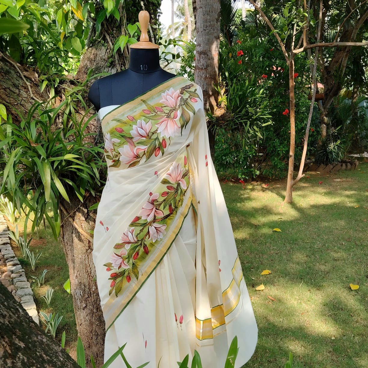 Magnolia Blooms On Kerala Kasavu Saree