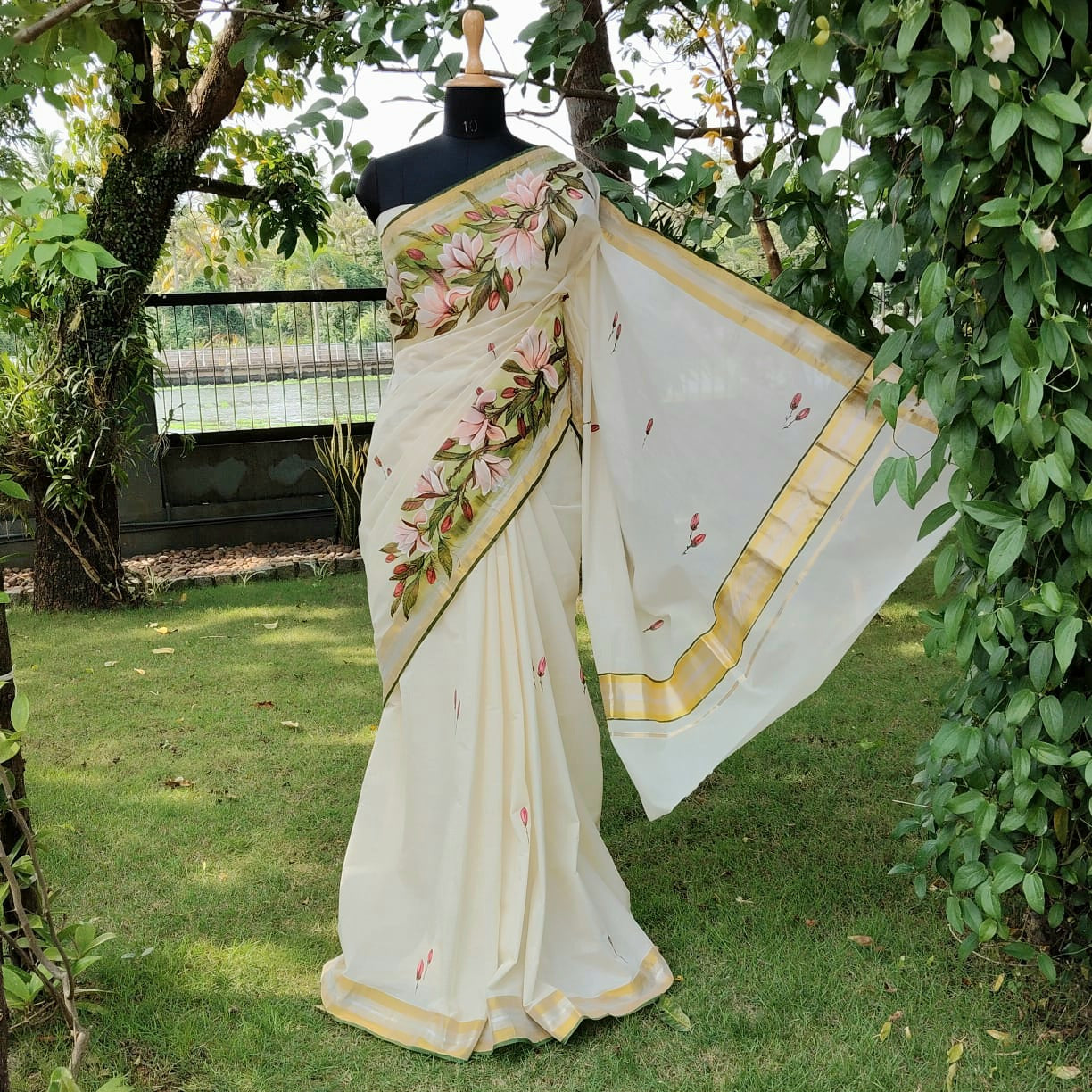 Magnolia Blooms On Kerala Kasavu Saree