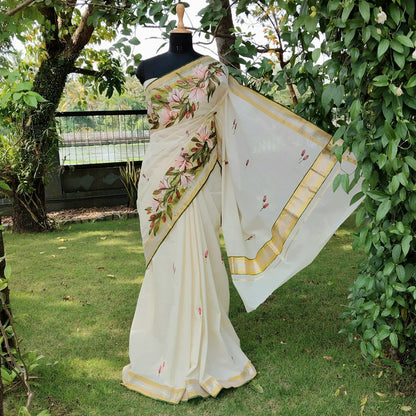 Magnolia Blooms On Kerala Kasavu Saree