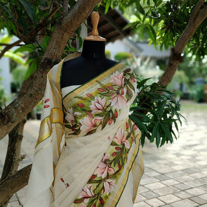 Magnolia Blooms On Kerala Kasavu Saree
