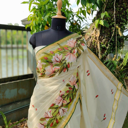 Magnolia Blooms On Kerala Kasavu Saree