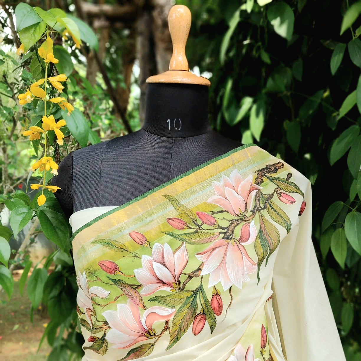 Magnolia Blooms On Kerala Kasavu Saree