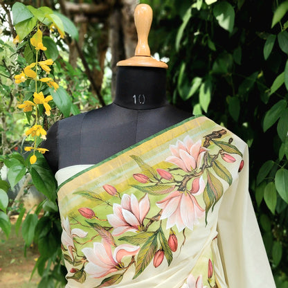 Magnolia Blooms On Kerala Kasavu Saree