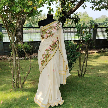Magnolia Blooms On Kerala Kasavu Saree