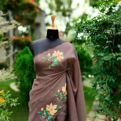 Hand-Painted Silk Kota Saree In Serene Brown Hues