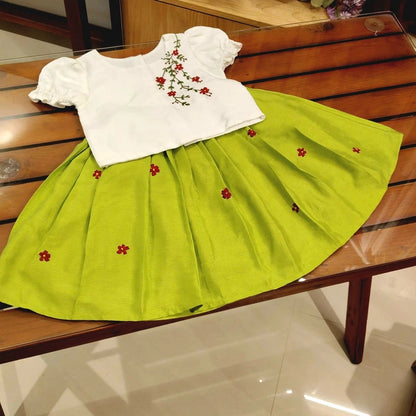 Charming Raw Silk Skirt/Top Hand-Embroidered With Love [3-4 Yrs]