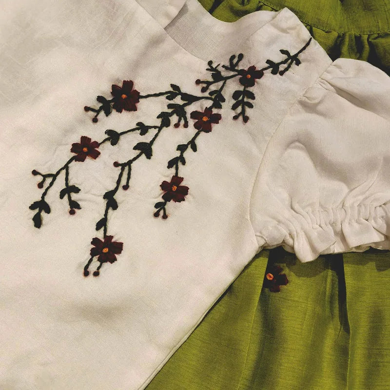 Charming Raw Silk Skirt/Top Hand-Embroidered With Love [3-4 Yrs]