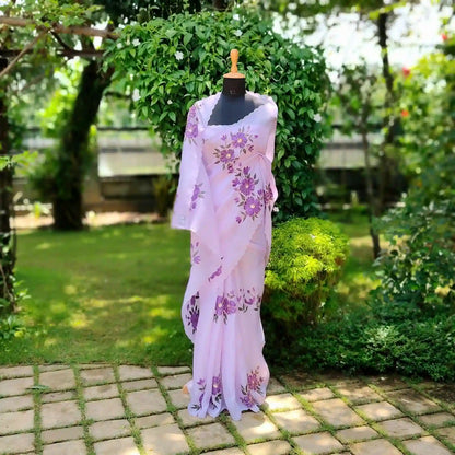 Hand-Painted Elegance On Sheer Silk Organza Saree