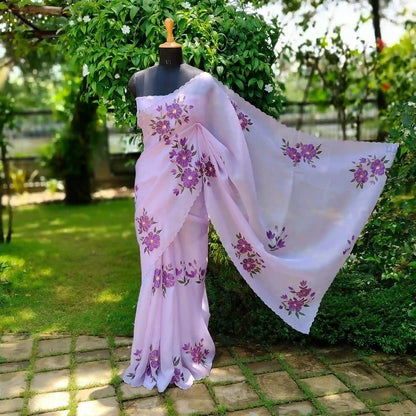 Hand-Painted Elegance On Sheer Silk Organza Saree