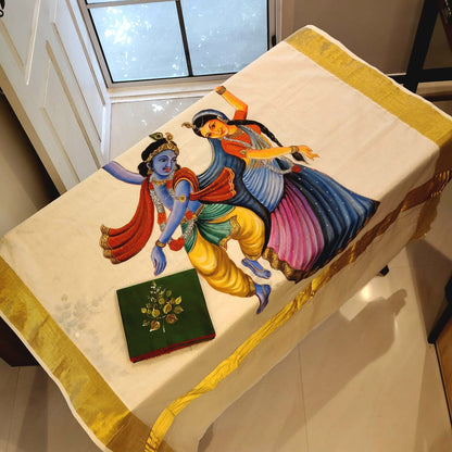 Divine Radha Krishna And Tulsi Hand-Painted On a Classic Kasavu Drape