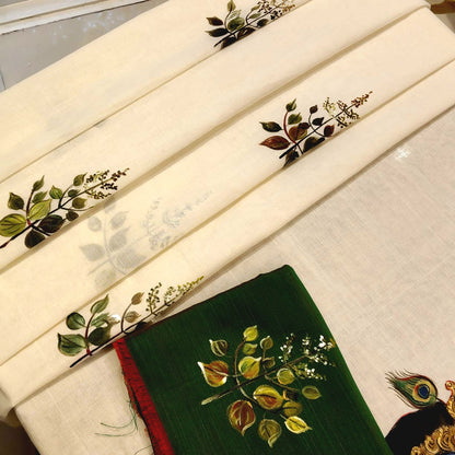 Divine Radha Krishna And Tulsi Hand-Painted On a Classic Kasavu Drape
