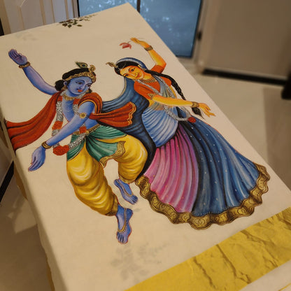 Divine Radha Krishna And Tulsi Hand-Painted On a Classic Kasavu Drape