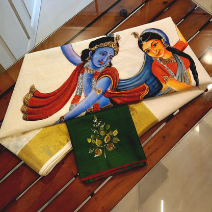 Divine Radha Krishna And Tulsi Hand-Painted On a Classic Kasavu Drape