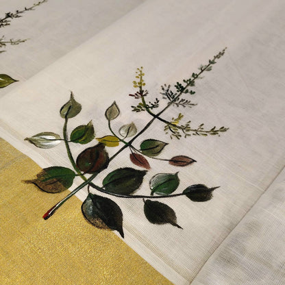 Divine Radha Krishna And Tulsi Hand-Painted On a Classic Kasavu Drape