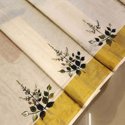 Divine Radha Krishna And Tulsi Hand-Painted On a Classic Kasavu Drape