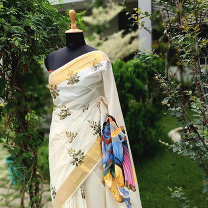 Divine Radha Krishna And Tulsi Hand-Painted On a Classic Kasavu Drape