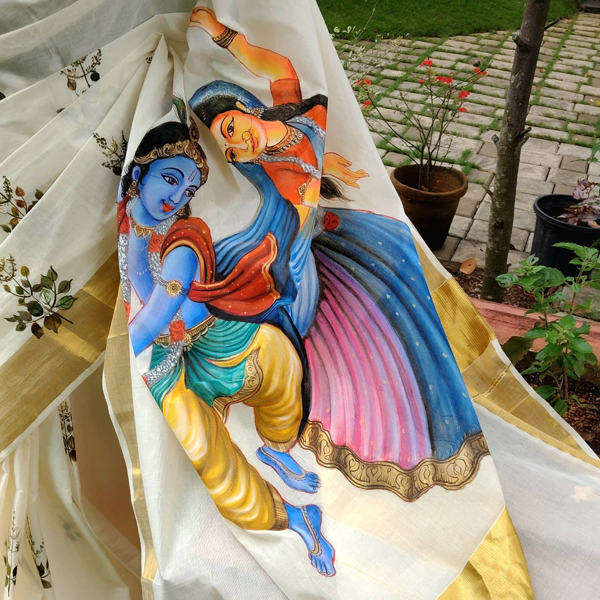 Divine Radha Krishna And Tulsi Hand-Painted On a Classic Kasavu Drape