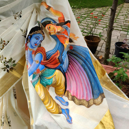 Divine Radha Krishna And Tulsi Hand-Painted On a Classic Kasavu Drape