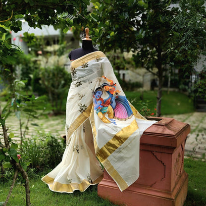 Divine Radha Krishna And Tulsi Hand-Painted On a Classic Kasavu Drape
