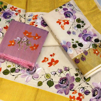 This Kasavu Set Mundu Blooms With The Charm Of Hand-Painted Wild Roses.