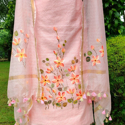 Plumeria blooms Hand-Painted On Soft Kota Doria