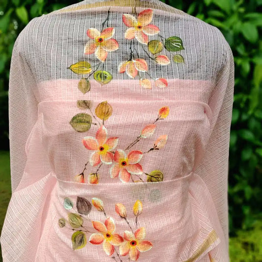 Plumeria blooms Hand-Painted On Soft Kota Doria