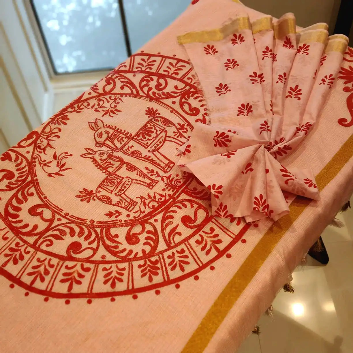 Graceful Alpona motifs Hand-Painted On Soft Kota Doria Saree