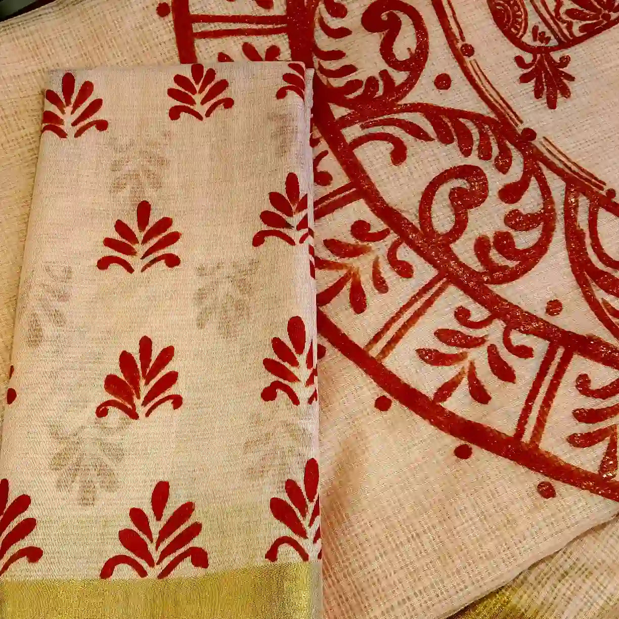 Graceful Alpona motifs Hand-Painted On Soft Kota Doria Saree