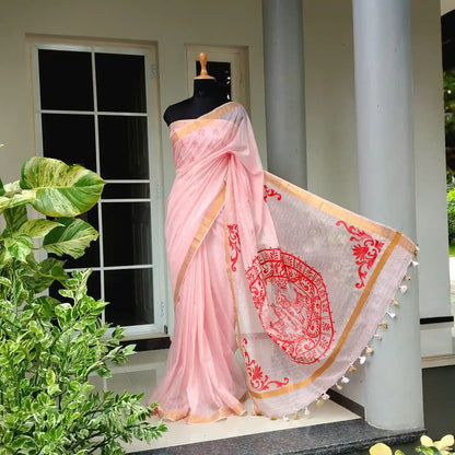 Graceful Alpona motifs Hand-Painted On Soft Kota Doria Saree