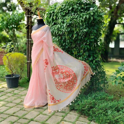 Graceful Alpona motifs Hand-Painted On Soft Kota Doria Saree