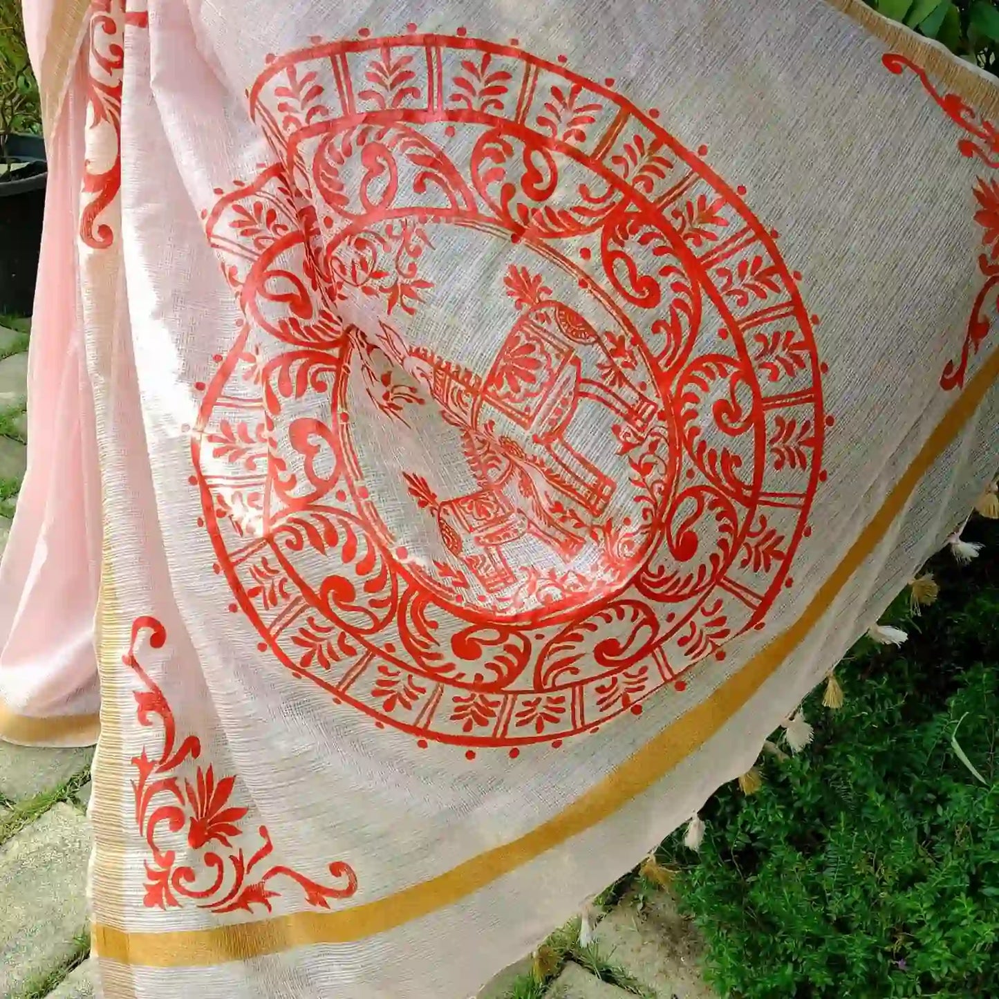 Graceful Alpona motifs Hand-Painted On Soft Kota Doria Saree