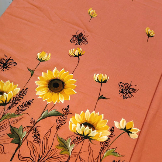 Bright Sunflowers Hand-Painted On Pure Cotton Kurti Fabric