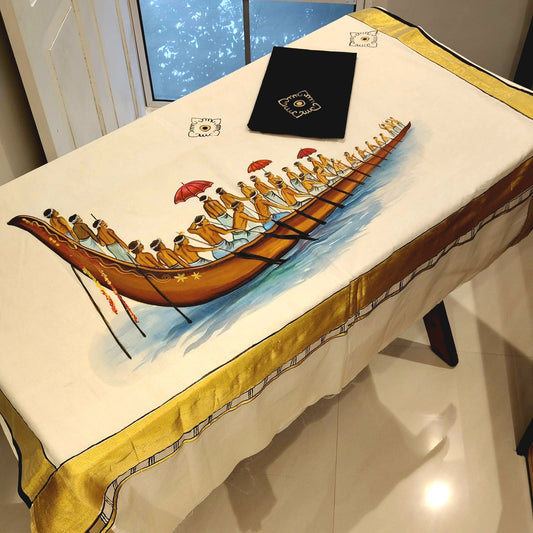 Hand-Painted Kerala Saree with Boat Race Motif