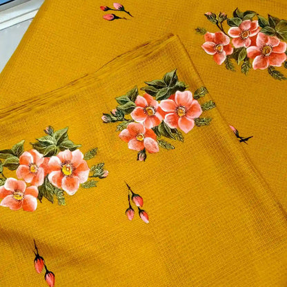 Elegant Kota Silk Saree Hand-Painted With Pretty Floral Designs.
