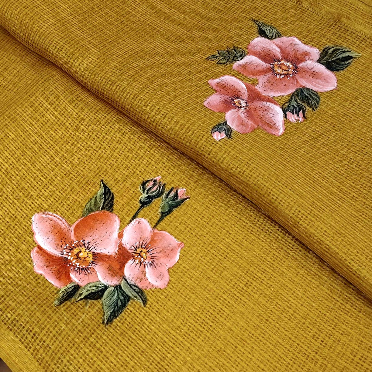 Elegant Kota Silk Saree Hand-Painted With Pretty Floral Designs.