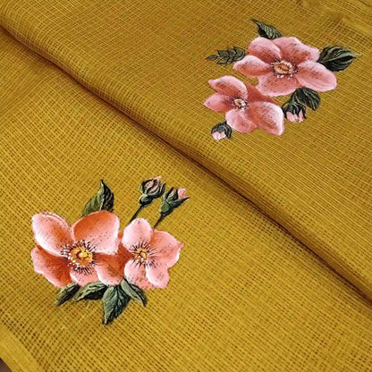 Elegant Kota Silk Saree Hand-Painted With Pretty Floral Designs.