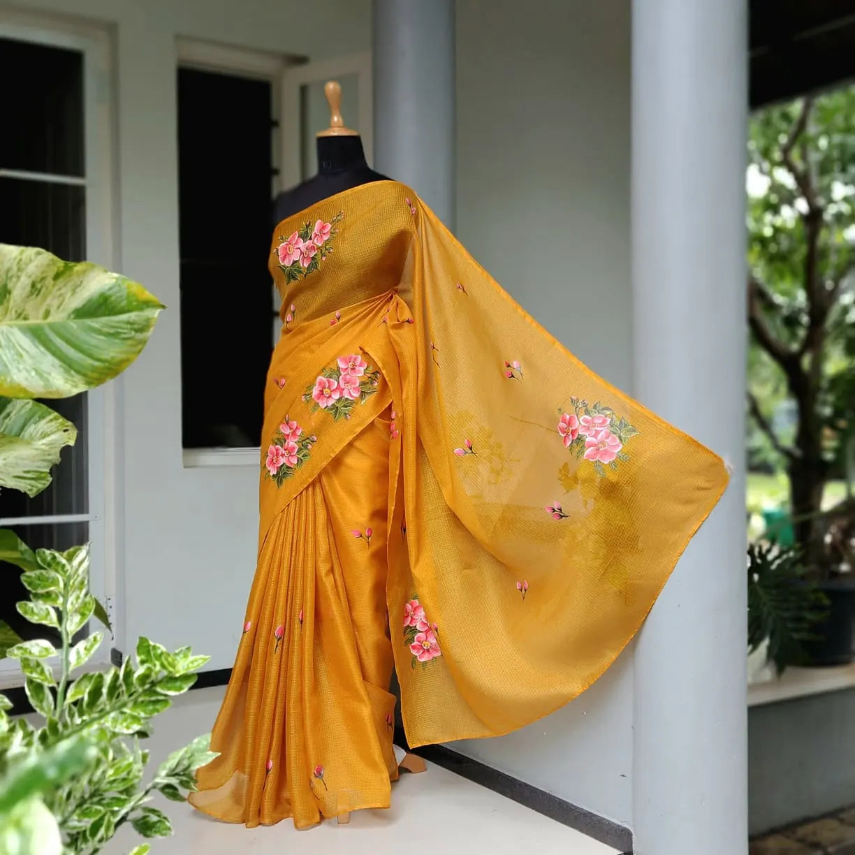 Elegant Kota Silk Saree Hand-Painted With Pretty Floral Designs.