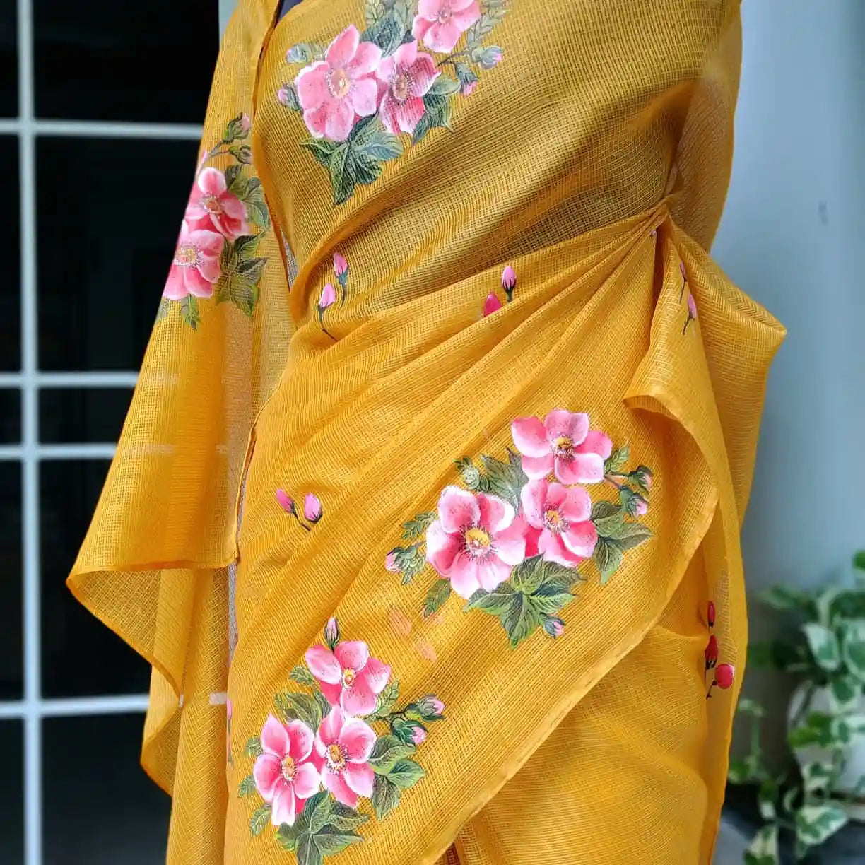 Elegant Kota Silk Saree Hand-Painted With Pretty Floral Designs.
