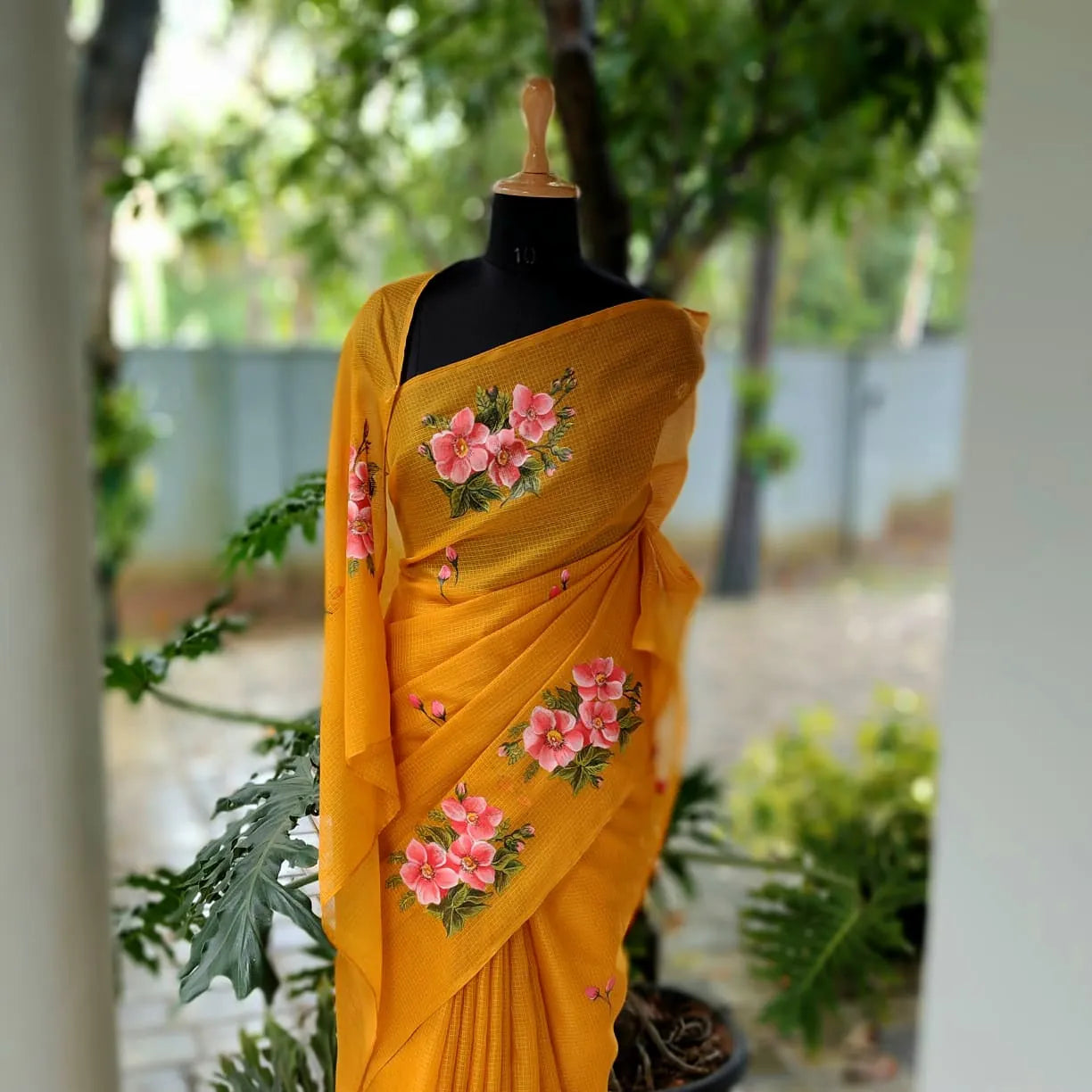 Elegant Kota Silk Saree Hand-Painted With Pretty Floral Designs.