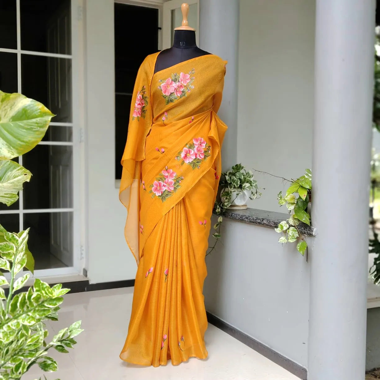 Elegant Kota Silk Saree Hand-Painted With Pretty Floral Designs.