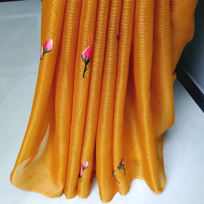 Elegant Kota Silk Saree Hand-Painted With Pretty Floral Designs.